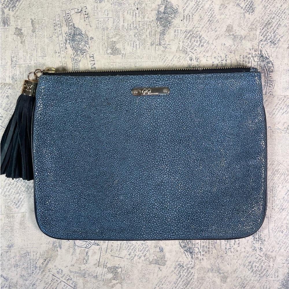 GiGi New York Stingray Leather Pouch Bag Blue Exotic Leather Clutch